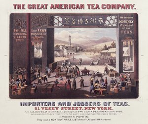 Plakat, das The Great American Tea Company, Importeure und Großhändler von Tees bewirbt von American School