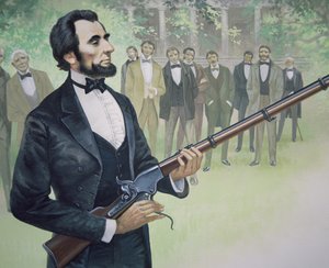 Präsident Abraham Lincoln testet das Spencer-Sieben-Schuss-Repetiergewehr im August 1863 (Farblithografie)
