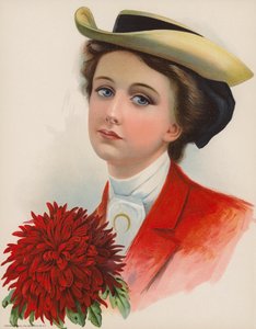 Hübsche junge Frau mit Hut und einer großen roten Chrysantheme
