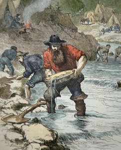 Goldsucher beim Goldwaschen während des kalifornischen Goldrauschs von 1849 von American School