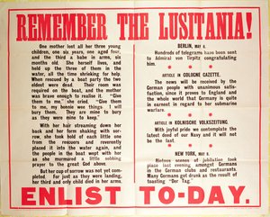 "Erinnere dich an die Lusitania" WWI Rekrutierungsplakat von American School