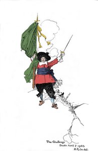 Darstellung eines Piraten, der eine Herausforderung wirft - In „Book of pirates Buccaneers and Marooners of the Spanish Main“ von Howard Pyle (1853 - 1911), amerikanischer Illustrator - 1903