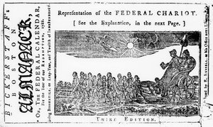 Darstellung des Bundeswagens, Titelillustration aus Bickerstaffs Boston Almanack, veröffentlicht 1788 von American School