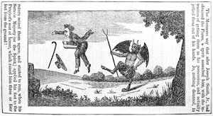 Satan tritt Joseph Smith (1805-44), von der Rückseite des Anti-Mormon Almanac für 1842 von American School