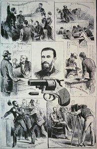Szenen aus dem Leben des Attentäters Charles Jules Guiteau (1841-82) und die Waffe, mit der er Präsident James A. Garfield (1831-81) tötete, 1881