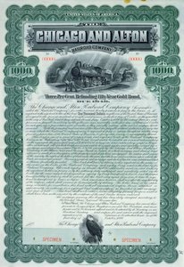 Musteranleihezertifikat für 1000 Dollar für die Chicago and Alton Railroad Company, 1899