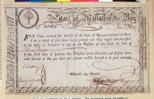 Schuldschein des Staates Massachusetts Bay, angeblich von Paul Revere (1735-1818) graviert, 1779