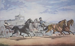 Stella und Alice Grey - Laterne und Walknochen, Vorbeifahrt am Stand (In ihrem großen Rennen im Doppelgeschirr über den Union Course L.I. am 5. Juni 1855), veröffentlicht 1855, Currier & Ives
