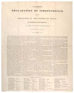 Texanische Unabhängigkeitserklärung: Einstimmige Unabhängigkeitserklärung, gedruckt von Baker und Bordens, 2. März 1836