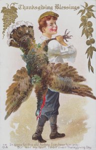 Thanksgiving-Grußkarte mit einem Mann mit einem Truthahn von American School