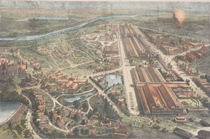 Das Centennial - Ballonansicht des Geländes, Harpers Weekly, ca. 1876 von American School