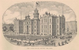 Das Gerichtsgebäude vor dem Brand, gedruckt von Moss Engraving Co., New York, Illustration aus History of Chicago vol. 2 von Alfred Theodore Andreas, veröffentlicht 1885