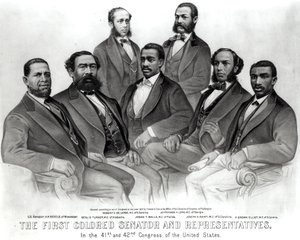 Der erste farbige Senator und Vertreter im 41. und 42. Kongress der Vereinigten Staaten, veröffentlicht von Currier und Ives, 1872
