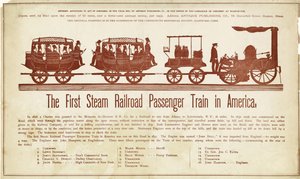 Der erste Dampfeisenbahn-Personenzug in Amerika, veröffentlicht um 1870 (Farbholzschnitt) von American School