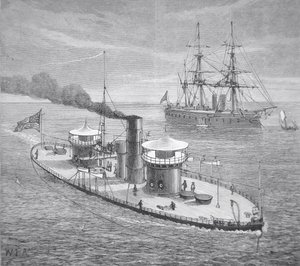 Die Miantonoma, Zwillings-Turm gepanzerter Monitor, gestartet 1863 von American School