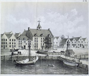 Das Stadthuys von New York im Jahr 1679, Ecke Pearl Street und Coentijs Slip, aus dem Journal of a Voyage to New York in 1679-80 von Jasper Danckaerts und Peter Sluyter, veröffentlicht 1867