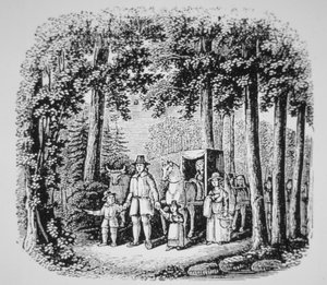 Thomas Hooker führt seine Gemeindemitglieder in die Wildnis von Connecticut (Lithografie)