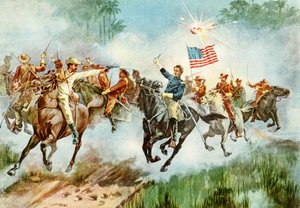 US-Rough Riders stürmen einen spanischen Außenposten in Kuba während des Spanisch-Amerikanischen Krieges, 1898