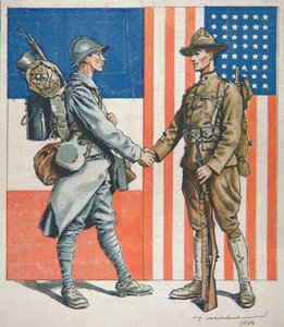 US-Soldat schüttelt einem französischen Soldaten die Hand, Amerikas Eintritt in den Ersten Weltkrieg von American School