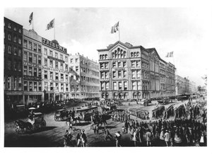 Blick auf den Printing Square in New York, mit den Hauptquartieren der New York Times, The Sunday Times und The Tribune von American School