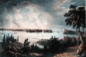 Ansicht der Stadt New York von Weehawk während des großen Feuers, 16. Dezember 1835, graviert von Day und Haghe von American School