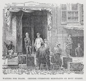 Warten auf Handel, chinesische Bordstein-Händler in der Mott Street von American School
