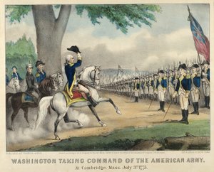 Washington übernimmt das Kommando der amerikanischen Armee in Cambridge, Massachusetts, am 3. Juli