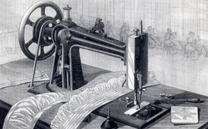 Wilson-Nähmaschine, zeigt Riemenantrieb vom Tretwerk und Ölkännchen, aus Park Benjamin Appletons Enzyklopädie der angewandten Maschinen, veröffentlicht 1880