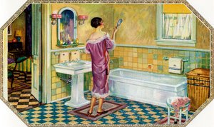 Frau steht in einem Art-Deco-Badezimmer von American School