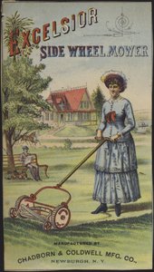 Frau mäht den Rasen