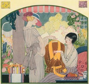 Frauen in Mode der 1920er Jahre begutachten ihre neuen Kleider