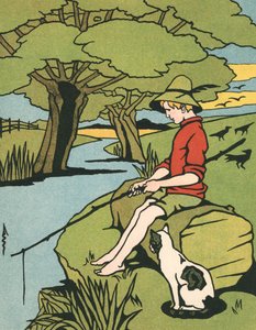 Junger Junge, der mit seiner Katze in einem Fluss angelt
