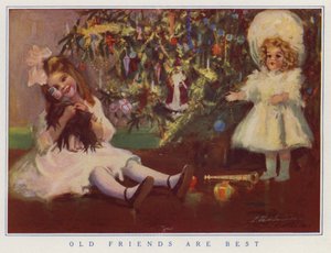 Junges Mädchen hält ihre alte Puppe statt der neuen, die sie zu Weihnachten bekommen hat von American School