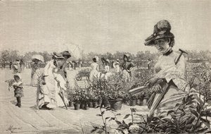 Frauen spazieren in Brera, Mailand, Italien, Gravur nach dem Gemälde Maggio (Mai)