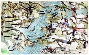 Amerikanische Kavallerie zieht sich über einen Fluss zurück, verfolgt von indianischen Kriegern, um 1900 von Amos Bad Heart Buffalo