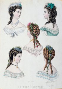 Fünf Frauenfrisuren Tafel aus „La mode illustrée“ von Anais Coutwelve von Anais Toudouze