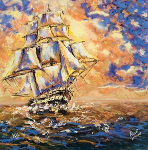 Großes Schiff bei Sonnenuntergang