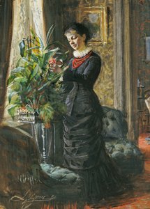 Porträt von Fru Lisen Samson, geb. Hirsch, arrangiert Blumen am Fenster, 1881
