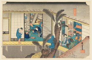 Akasaka, Innenansicht eines Gasthauses, in Die Dreiundfünfzig Stationen der Tokaido-Straße (Tokaido Gojusan Tsugi-no Uchi)