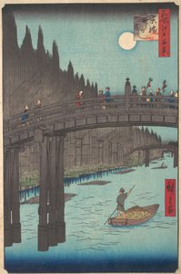 Vollmond über Kanal, mit Brücke und riesigen Bambusstapeln entlang des Ufers, ca. 1857 von Ando Hiroshige