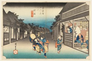 Goyu, Frauen halten Reisende auf, in Die Dreiundfünfzig Stationen der Tokaido-Straße (Tokaido Gojusan Tsugi-no Uchi)