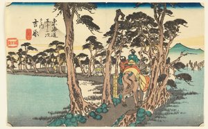 Yoshiwara. Hidari Fuji (Yoshiwara mit Berg Fuji), aus Tokaido Gojusan Tsugi-na Uchi (Dreiundfünfzig Stationen auf dem Tokaido) von Ando Hiroshige