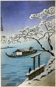 Geographie. Japan. Fluss im Winter. Holzschnitt von Hiroshige in: Dreiundfünfzig Stationen des Tokaido (1833-1834). Postkarte, Japan, ca. 1900