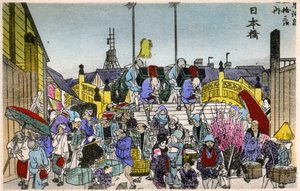 Geographie. Japan. Das Morgenrot an der Nihonbashi (1. Station). Holzschnitt von Hiroshige in: Dreiundfünfzig Stationen des Tokaido (1833-1834). Postkarte, Japan, ca. 1900