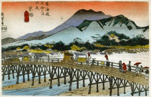 Geographie. Der Morgenglanz am Nihonbashi (55. Station). Holzschnitt von Hiroshige in: Dreiundfünfzig Stationen des Tokaido (1833-1834). Postkarte, Japan, ca. 1900