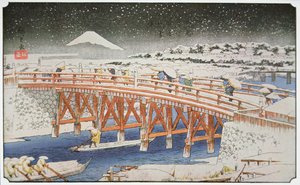 Eine Brücke in Yedo mit dem Berg Fuji im Hintergrund