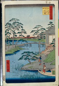 Hundert berühmte Ansichten von Edo: Mokuboji-Tempel und Gemüsefelder am Uchigawa-Inlet von Ando or Utagawa Hiroshige