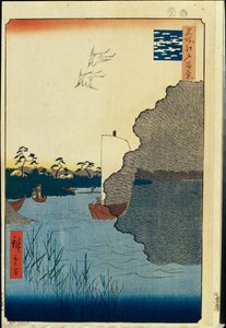 Hundert berühmte Ansichten von Edo: Zerstreute Kiefern am Tone-Fluss (1856-1858) von Ando or Utagawa Hiroshige