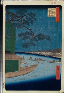 Der Kiefernbaum des Erfolgs und Oumayagashi am Asakusa-Fluss (Hundert berühmte Ansichten von Edo)