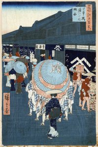 Japanischer Druck: Blick auf die Hauptstraße von Nihonbashidori (Tokio, Japan). Serie Hundert berühmte Ansichten von Edo von Ando or Utagawa Hiroshige